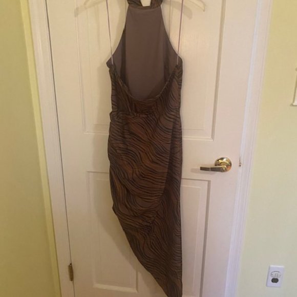 Asymmetrical Mock Neck Halter Ruched Midi Dress - Picture 6 of 9